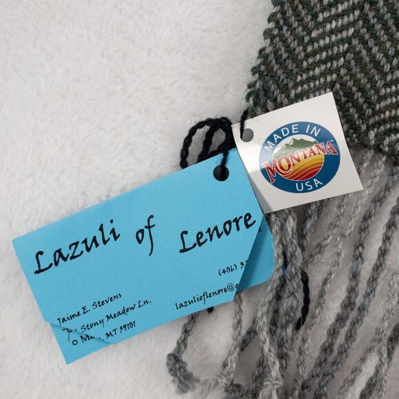 Wool Scarf Green Gray Handmade In Montana Fringe Rectangular Lazuli Of Lenore - Picture 5 of 11